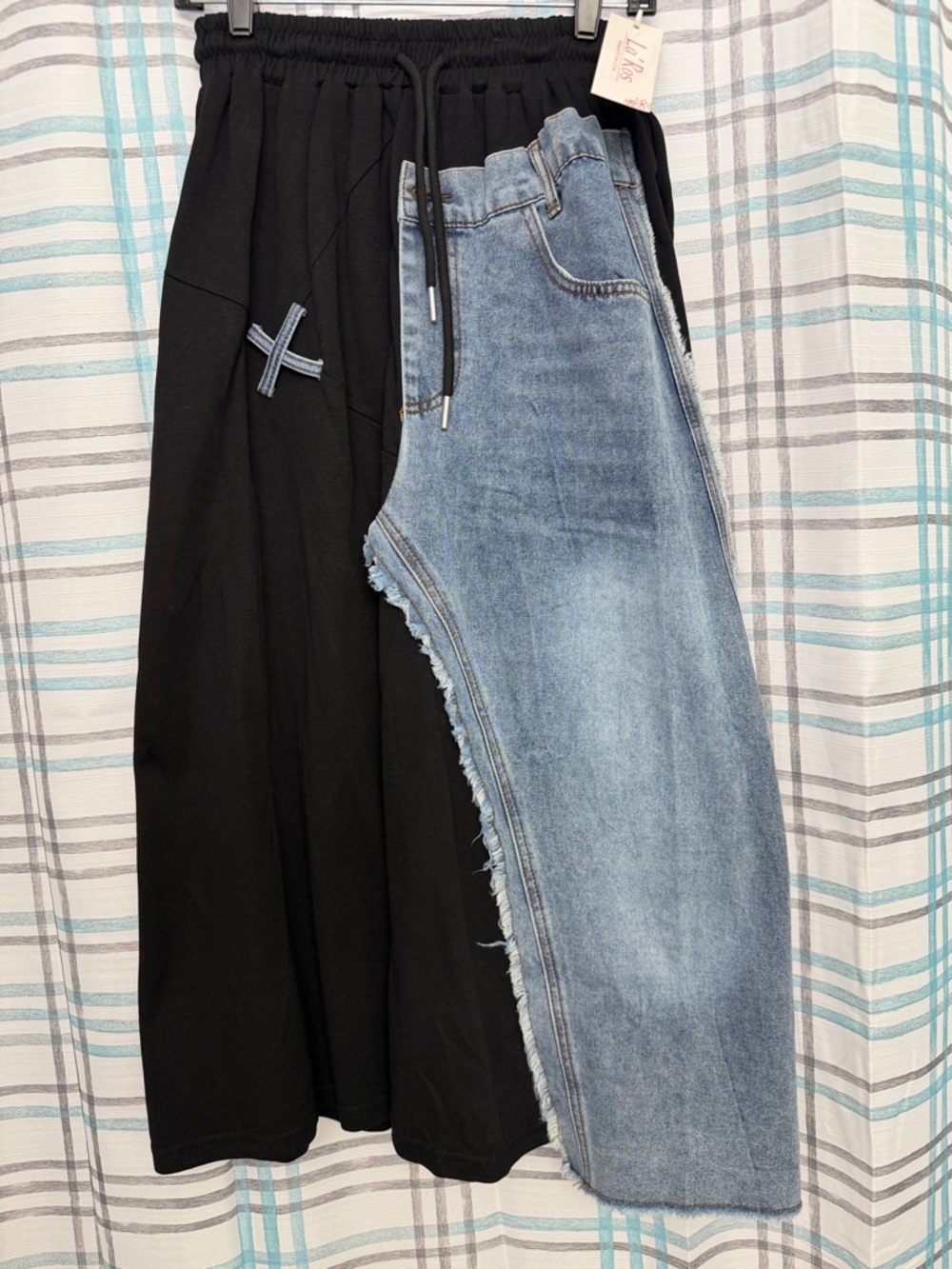 Black & Light Blue Denim Split Hybrid Skirt